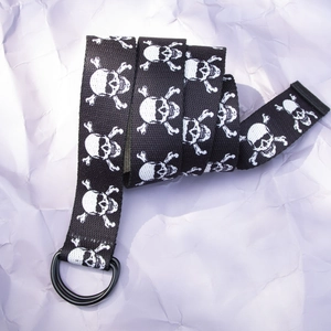 Black canvas belt with white skull prints and double D-ring metal buckle for punk style