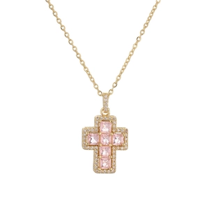 Micro-set colorful zircon cross pendant necklace in gold plated copper with pink gemstones