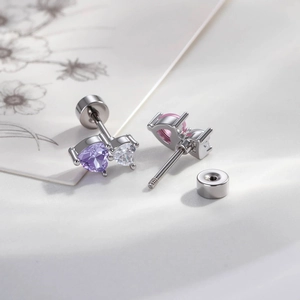 Minimalist heart zircon cartilage studs in sweet pink, purple, and white candy colors