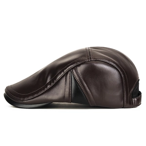 Premium men's dark brown PU leather newsboy cap with stylish black patchwork for winter