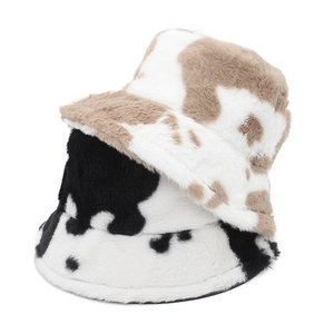 Cow Print Plush Bucket Hat Faux Fur Warm Thickened Winter Fisherman Hat Vintage Style For Women