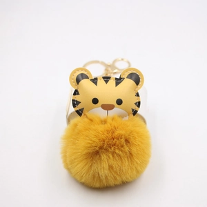 Tiger faux rabbit fur ball keychain with yellow pompom and golden metal ring