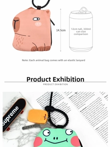 Mini animal canvas pouch set featuring capybara and frog designs with top zipper closure