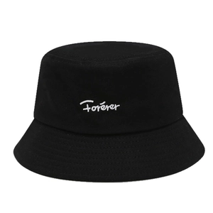 Classic black canvas bucket hat featuring white Forever embroidery and wide stitched brim