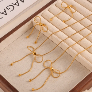 Titanium Steel Gold Plated Butterfly Bowknot Necklace And Earrings Snake Bone Chain With Tassels Beads Trendy Accessories