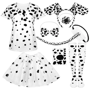 Dalmatian costume set with polka dot t-shirt, tutu skirt, ears headband, and accessories