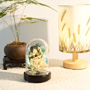 Detail of preserved white rose in glass dome with LED fairy lights on black base