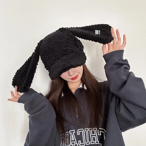 Cute black teddy fleece baseball cap with long rabbit ears and warm winter plush texture