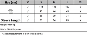 Size chart showing XS to XL measurements for the faux fur coat with belt in cm
