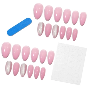 Pink and silver almond cat-eye press-on nail set with file and adhesive tabs kit
