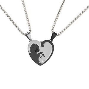 Puzzle Cat Pendant Necklace Stainless Steel Matching Heart Yin Yang Jewelry For Couples Best Friends Anniversary Gift
