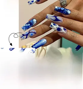 Detailed view of #JP2755 long coffin nails with blue and white French flame marble art