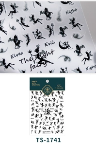Vista macro de pegatinas de uñas góticas 5D con siluetas de demonios y letras negras