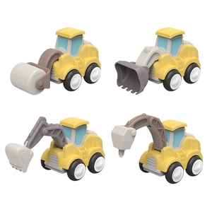 Set of 4 yellow press-and-go construction toy cars including excavator and bulldozer
