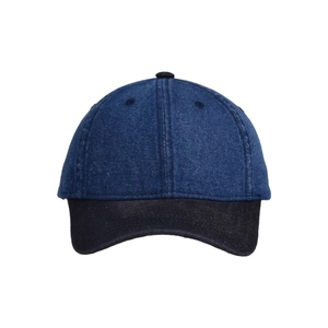 Close-up of contrast denim baseball cap showing dark blue crown and black brim detail