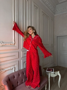 Red heart print pajama set with lapel long sleeve top and wide leg pants for women