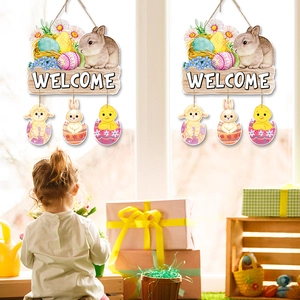 Easter welcome door sign featuring cartoon rabbits and eggs in a warm interior setting