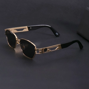 Steampunk gold metal square sunglasses with black lenses and intricate carved temples