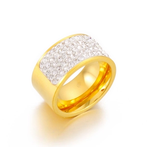 Polished 18k gold plated stainless steel wide ring with sparkling full pavé crystals