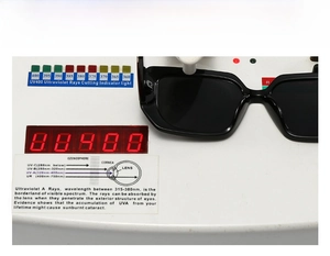 Square sunglasses on UV400 test device showing ultraviolet ray protection levels