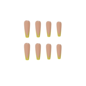 Long ballet press-on nails with nude pink and fluorescent yellow V-shape French tip design