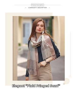Detail view of plaid cashmere scarf featuring soft pastel check pattern and long fringe trim