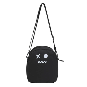 Petit sac bandoulière mignon en toile noire pour femme avec motif de smiley blanc brodé