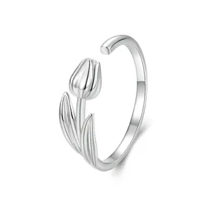 S925 Sterling Silver Tulip Open Ring For Women Romantic Botanical Floral Adjustable Finger Ring Plated White Gold Jewelry Gift