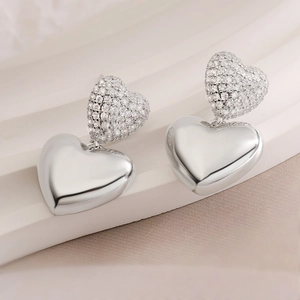 Elegant silver heart earrings with sparkling cubic zirconia pavé and mirror-polished finish