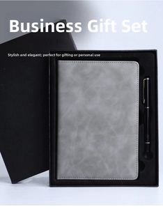Business gift set with grey PU leather A5 notebook and black gold clip pen in box