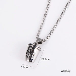 Vintage stainless steel silver coffee cup pendant necklace shown on a white background