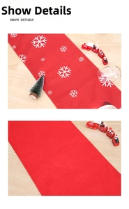 Detail view of red Christmas table runner with white snowflake print and dual-layer fabric