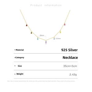 Detail view of S925 silver necklace with multi-color pear-cut zircon stone pendants