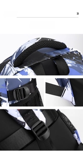 Detail of padded mesh handle and adjustable buckles on a camouflage fashion backpack