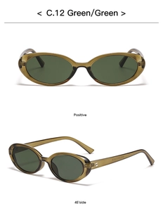 Detail view of oval olive green sunglasses with dark green lenses in two angles