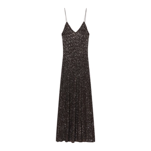 Robe longue pailletée marron foncé avec col en V et fines bretelles pour femme