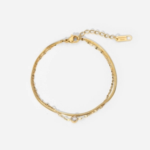 Bracciale a doppio strato in acciaio inossidabile dorato con zircone bianco lucido