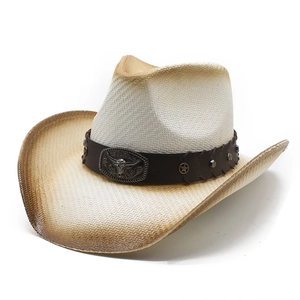 Retro cream straw cowboy hat with brown gradient brim and decorative metal bull buckle