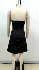 Detail of black tube dress with sheer lace panels, side pearl beads and back zipper