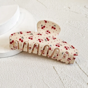French style beige hair claw clip with red cherry pattern and rhinestone star details