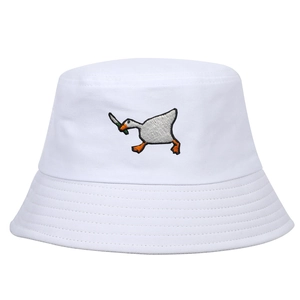 White canvas bucket hat with detailed embroidery of a goose holding a knife