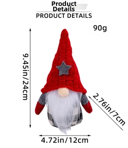 Detailed view of Christmas gnome plush toy with red star hat and 24cm height dimensions