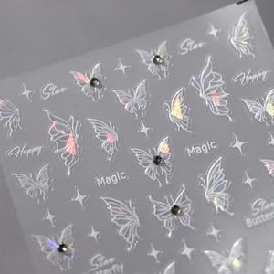3D holographic butterfly nail stickers with rhinestones and elegant white floral accents