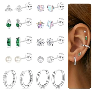 10 pairs of stainless steel opal stud earrings set featuring zircon in various shapes