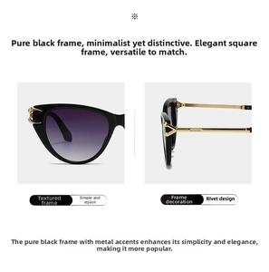 Detail of cat eye sunglasses with gold V-hinge, metal temples and gradient purple lenses