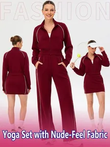 Women Activewear Stand Collar Zipper Jacket Flare Pants Straight Trousers Sporty Skirt Contrast Piping Elastic Yoga