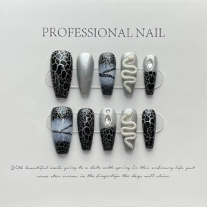 Handmade black snakeskin press-on nails with silver snake 3D decor and rhinestones