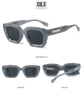 Detailed views of square marble pattern sunglasses with gray lenses and gold accents