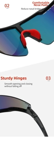 Detail of cycling sunglasses showing soft red nose pads and durable hinge construction