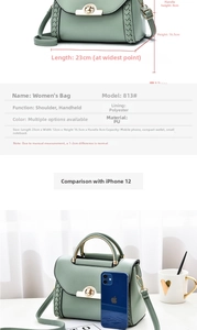 Détails du sac à main en cuir PU vert clair avec dimensions et comparaison de taille